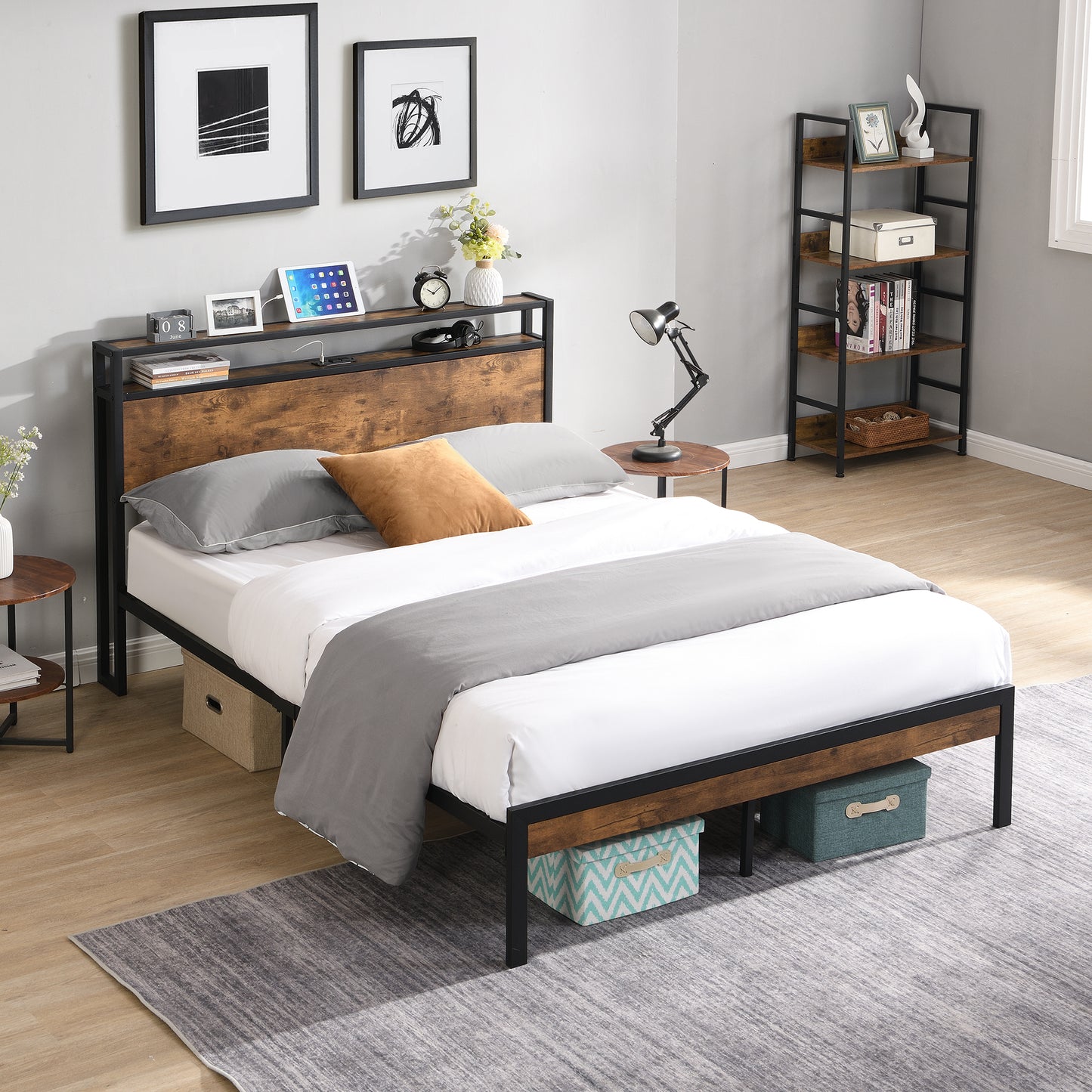 King Size Metal Platform Bed Frame with Wooden Headboard & USB