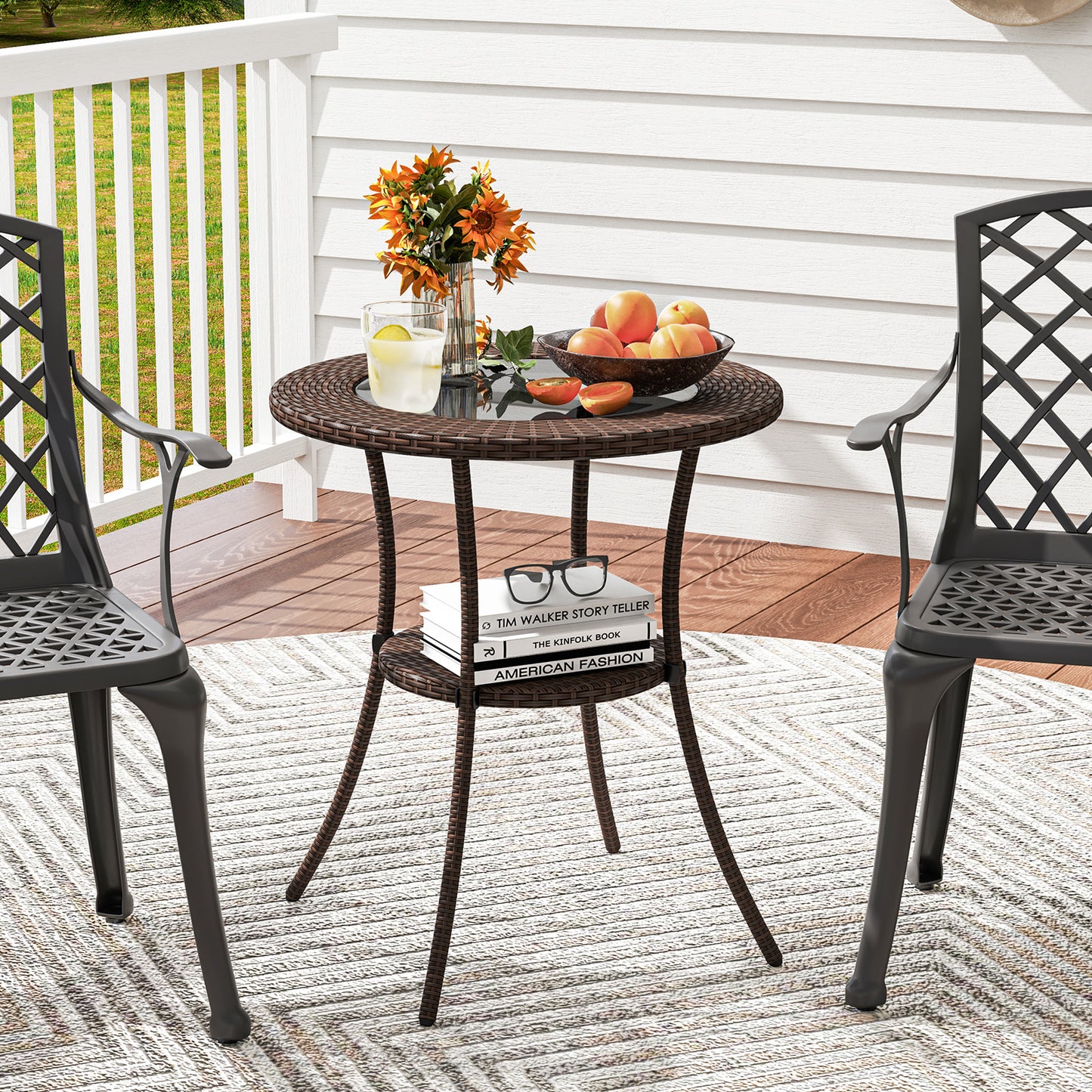 Round PE Wicker Bistro Table with Tempered Glass Top & Shelf