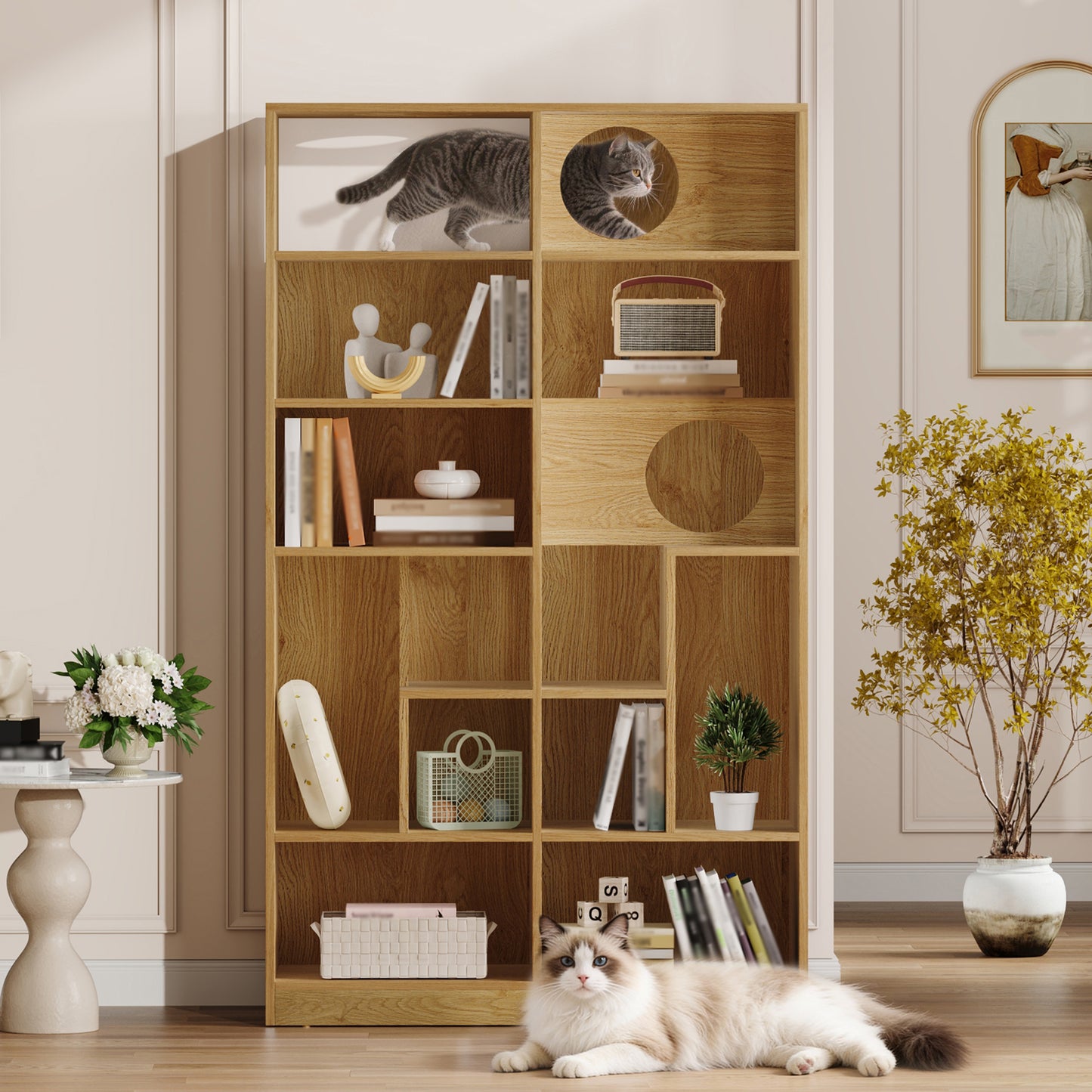 Modern 2 IN 1 Wood Bookshelf Cat House, Tree Display Case With
