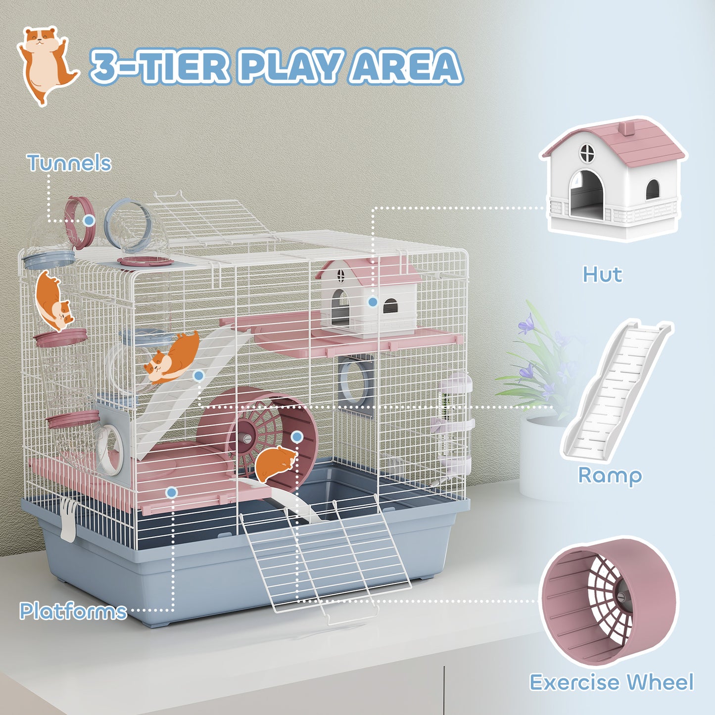 Small Animal Hamster Cage with Tunnels & Accessories, 3-Tier Blue