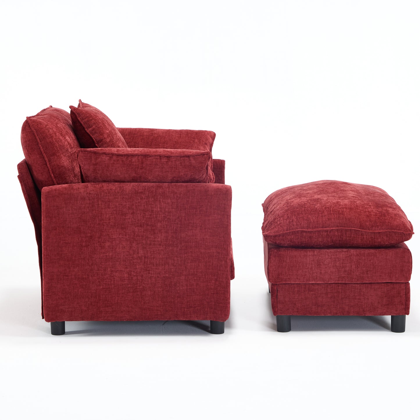 Modern Accent Chair with Ottoman - Wine Red Chenille Upholstery