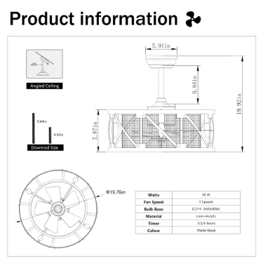 20'' Industrial Ceiling Fan with Remote Control - Matte Black