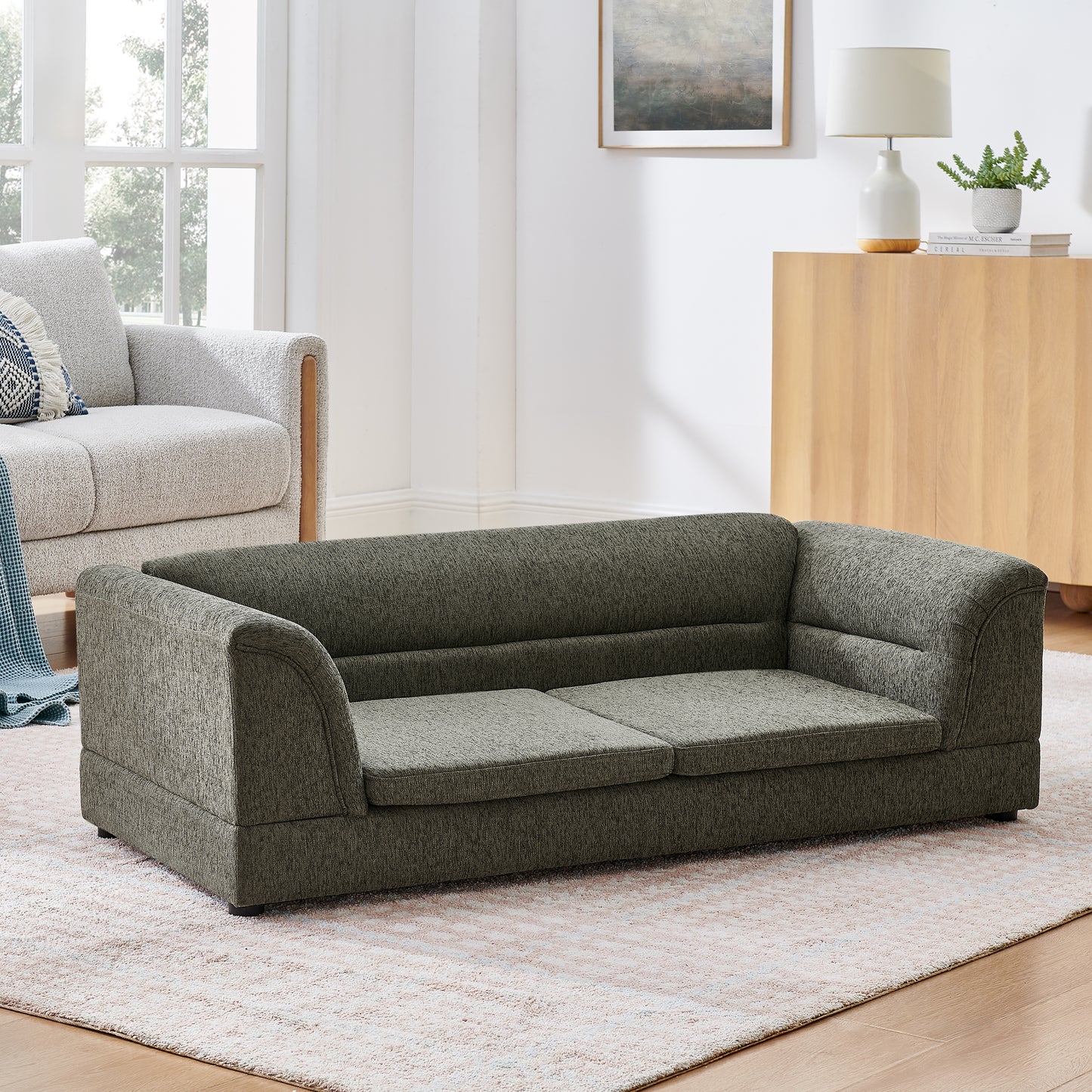 Oversized Dog Sofa Bed with Linen Fabric & Curved Armrest - Dark Gray
