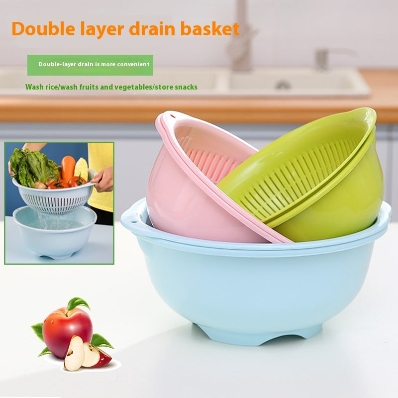 Double-Layer Vegetable Washing Basket for Kitchen Drain Storage