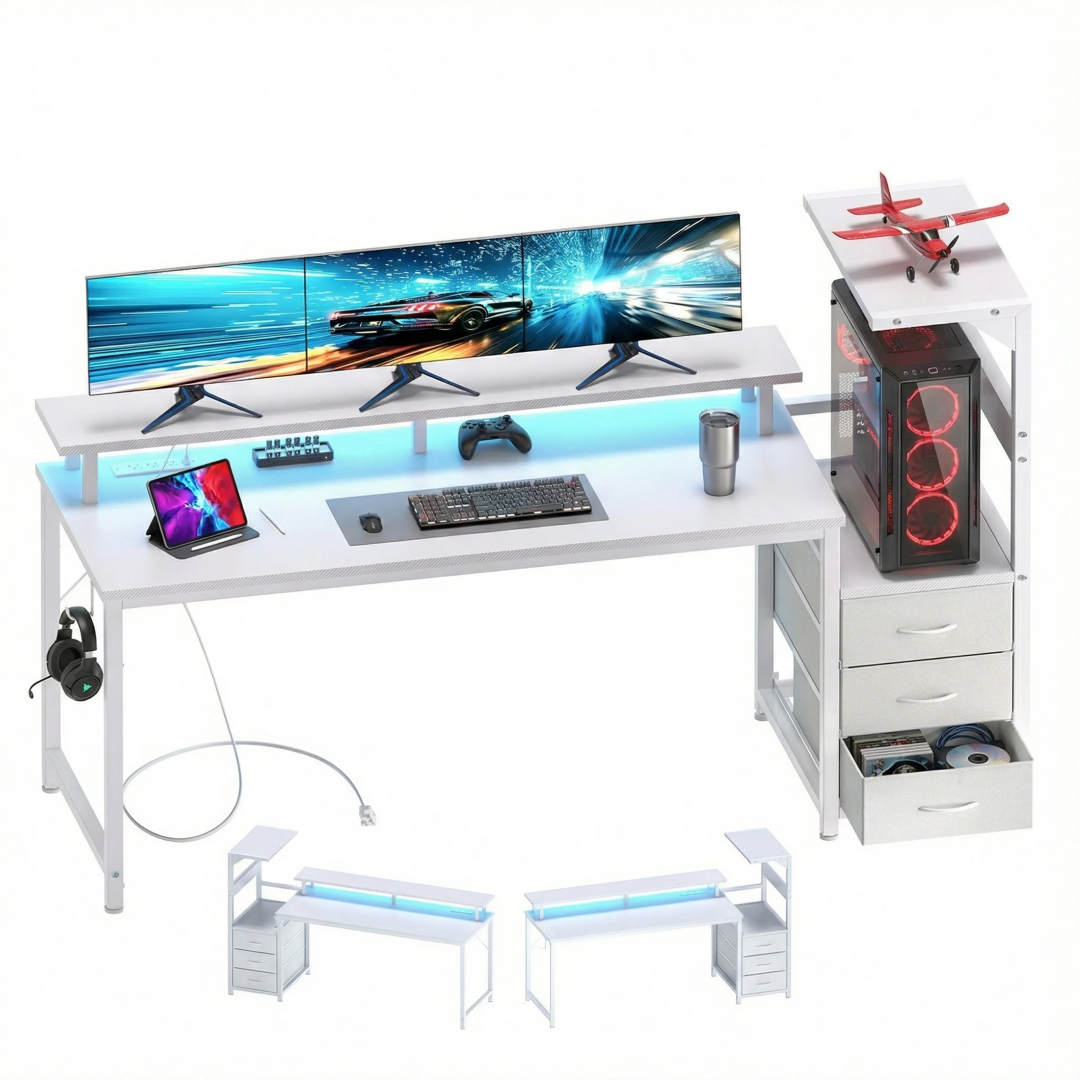 Gaming Desk with USB Ports & LED Lights - 52" with Drawers