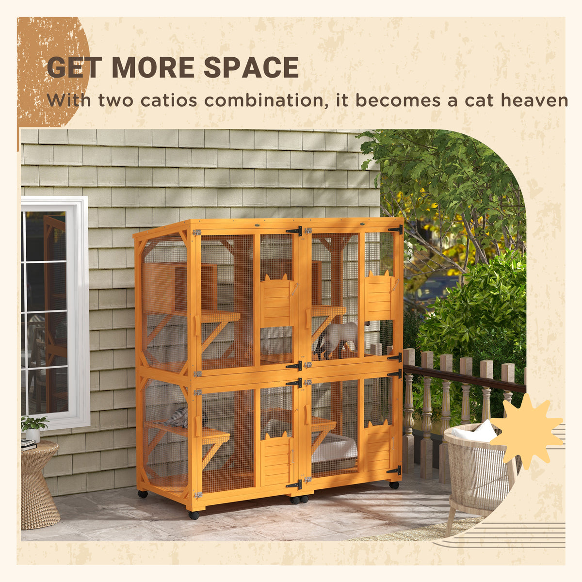 Large Wooden Cat House with Wheels - Enclosure for 1-3 Cats, Orange
