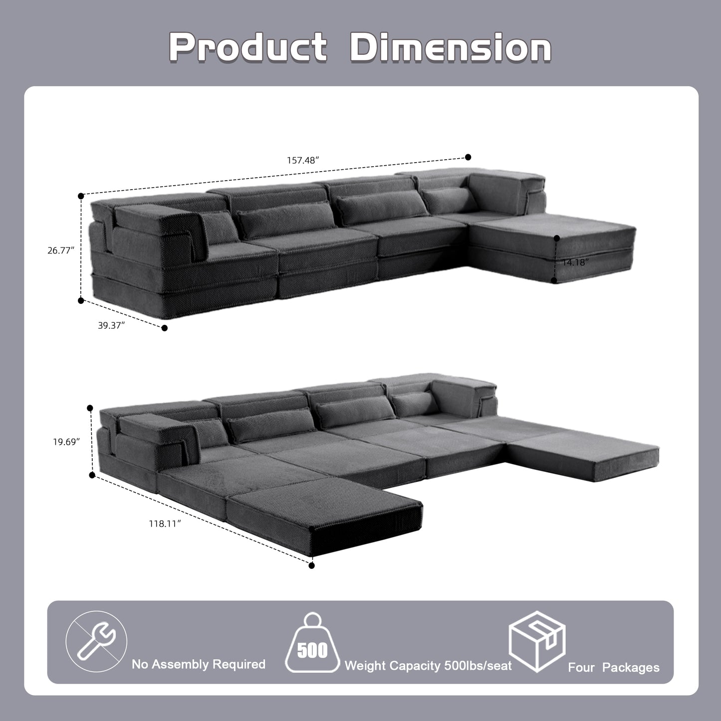 Oversized Modular Sectional Sofa Bed with Ottoman - Dark Grey