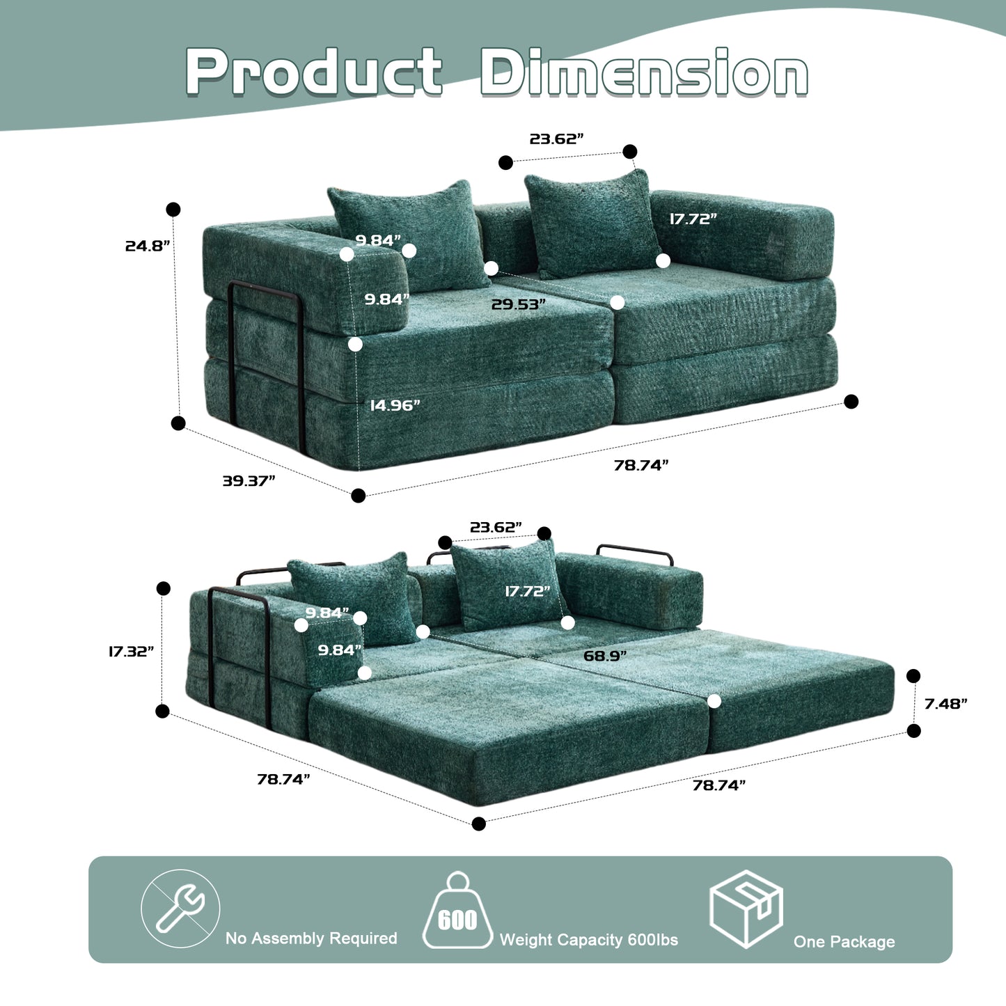 Convertible Floor Sofa Bed - Dark Green Chenille Fabric