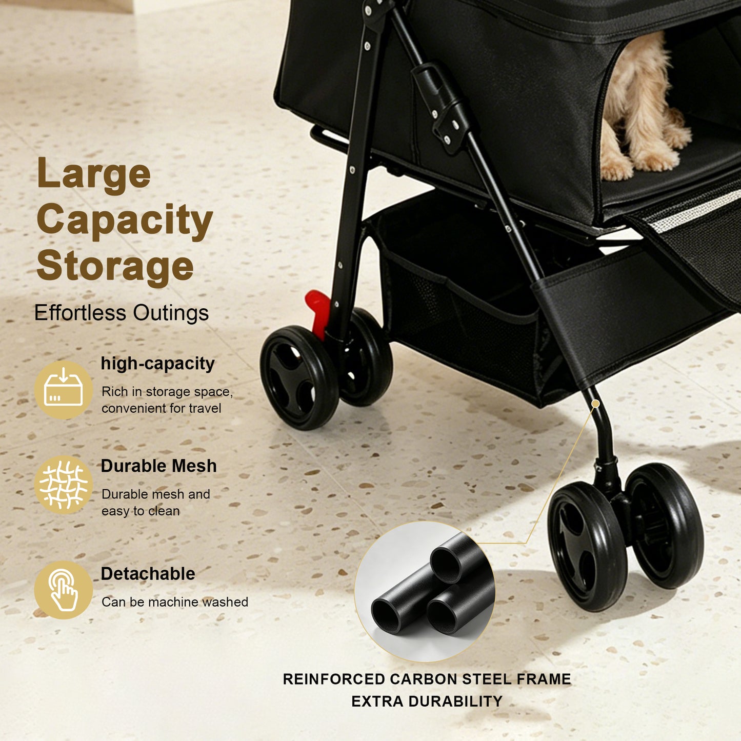 Foldable Pet Stroller for Small Dogs and Cats - Black, 28 lbs Capacity with Safety Leashes & Mesh