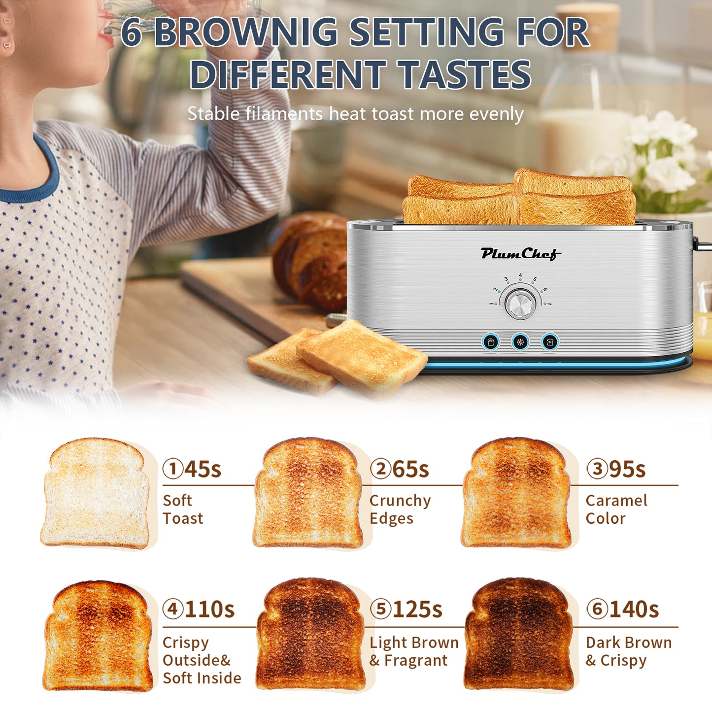4-Slice Stainless Steel Toaster with 7 Settings and Removable Crumb Tray
