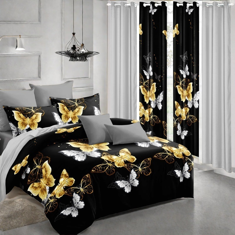 9-Piece Black & Gold Butterfly Quilt and Curtain Set