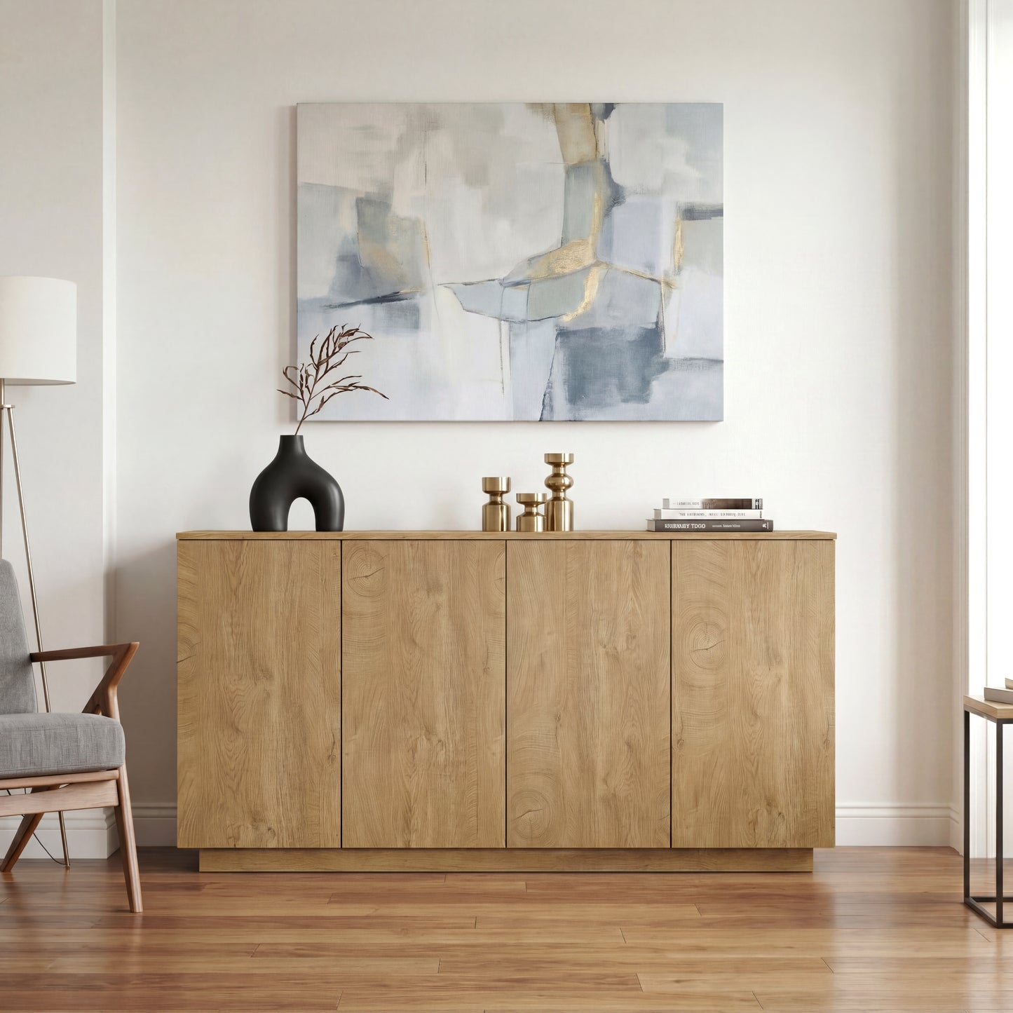 Natural Wood Sideboard Buffet Cabinet with 4 Doors & Adjustable Shelves