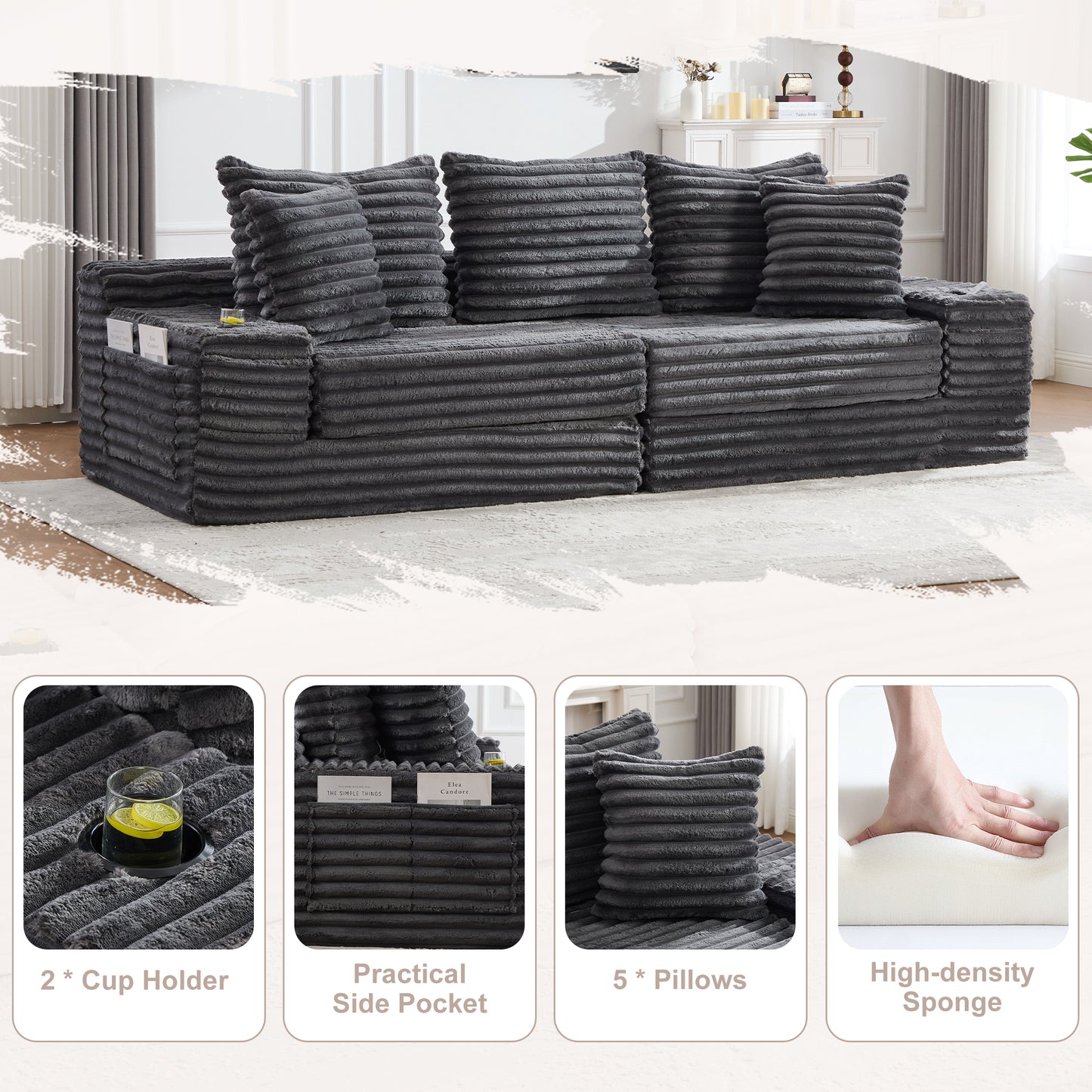 Oversized Corduroy Sofa Bed with Cup Holder & Pillows - Dark Gray