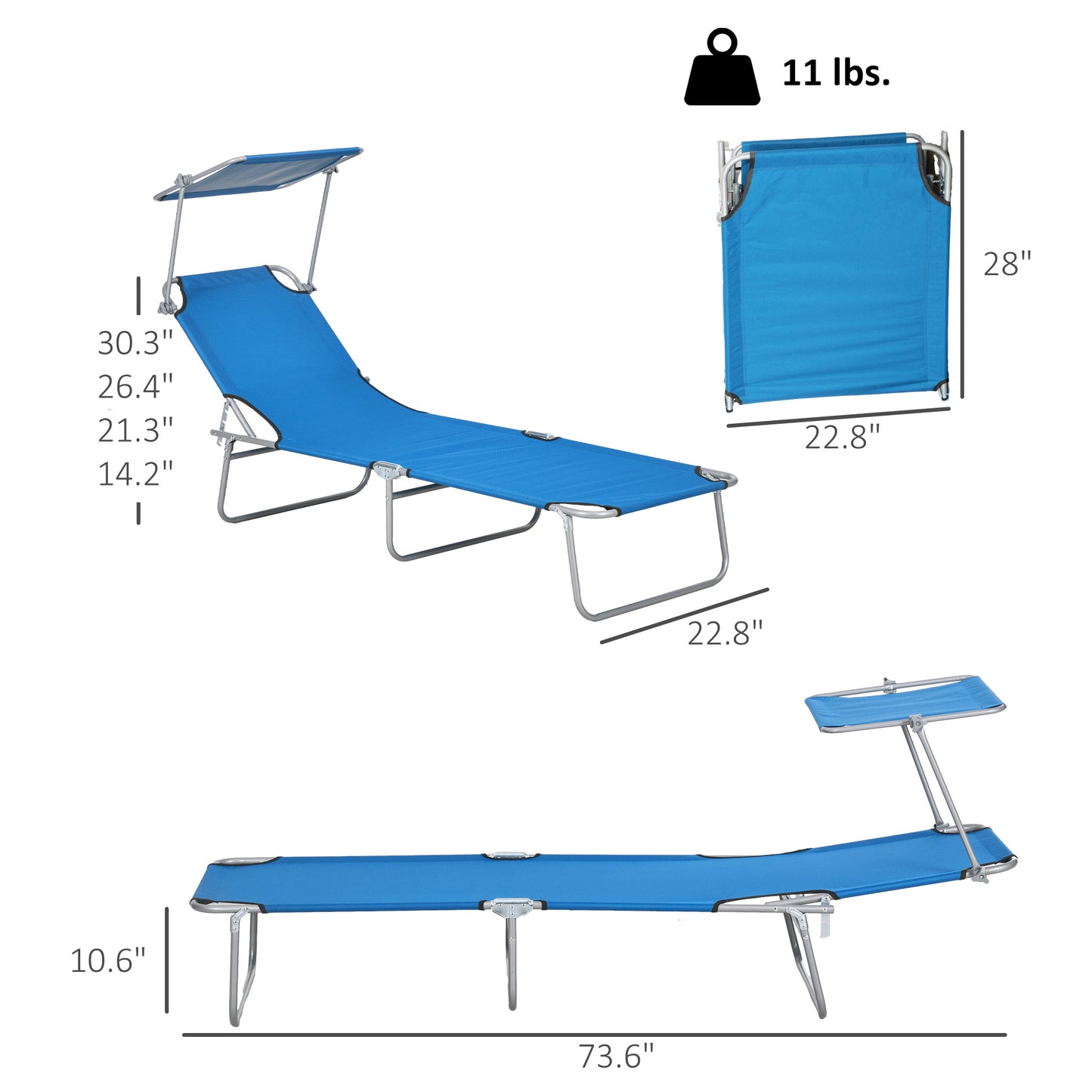 Folding Outdoor Chaise Lounge Chair with Sun Shade - Blue