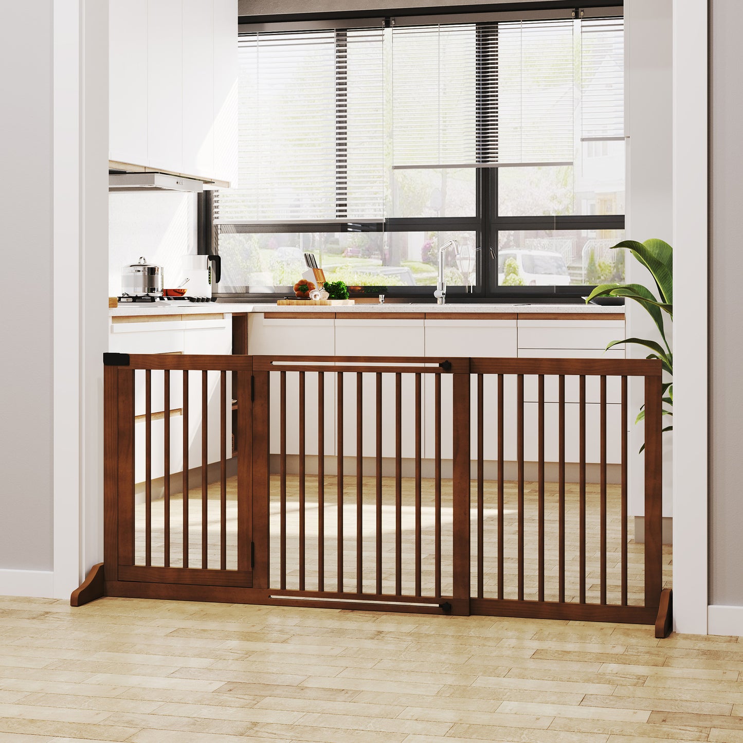 Adjustable Wooden Pet Gate with Lockable Door - 3 Panels, Brown