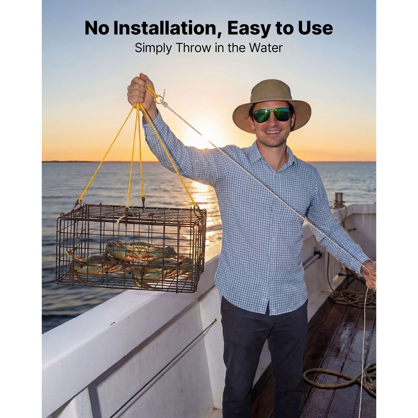 Heavy Duty Crab Trap Set with Wire Mesh, Float, Rope & Gloves - 24.4x24.4x11.8 Inch