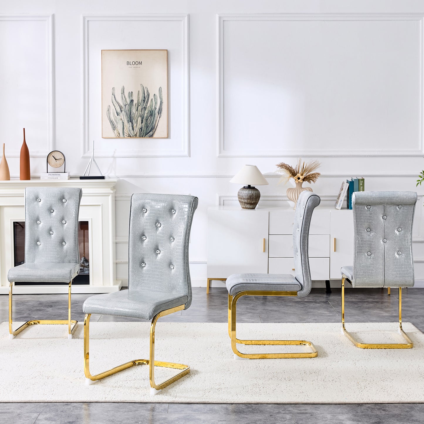 Set Of 4,Retro Alligator Skin Upholstered Dining Chairs,with Crystal