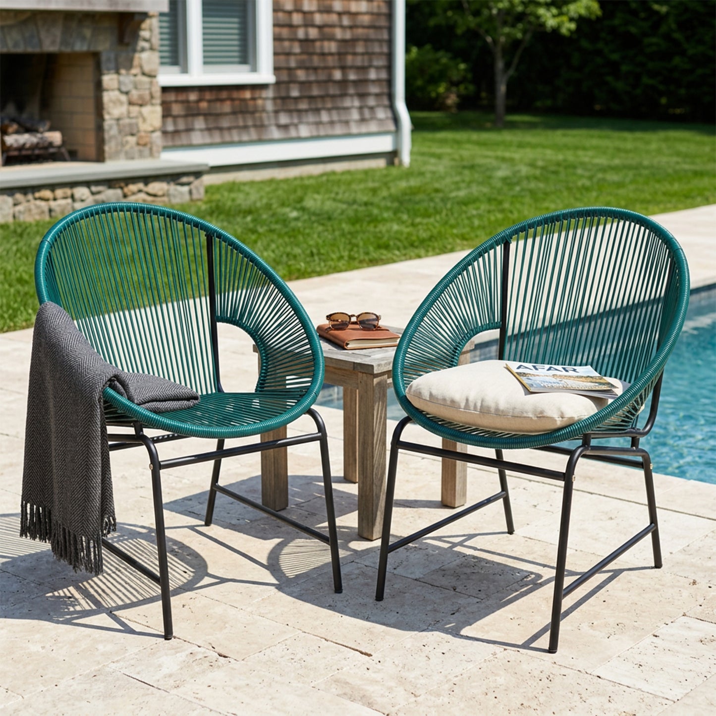 NUSA OUTDOOR PATIO WICKER CHAIR, TEAL PE RATTAN & IRON FRAME, SET OF 2