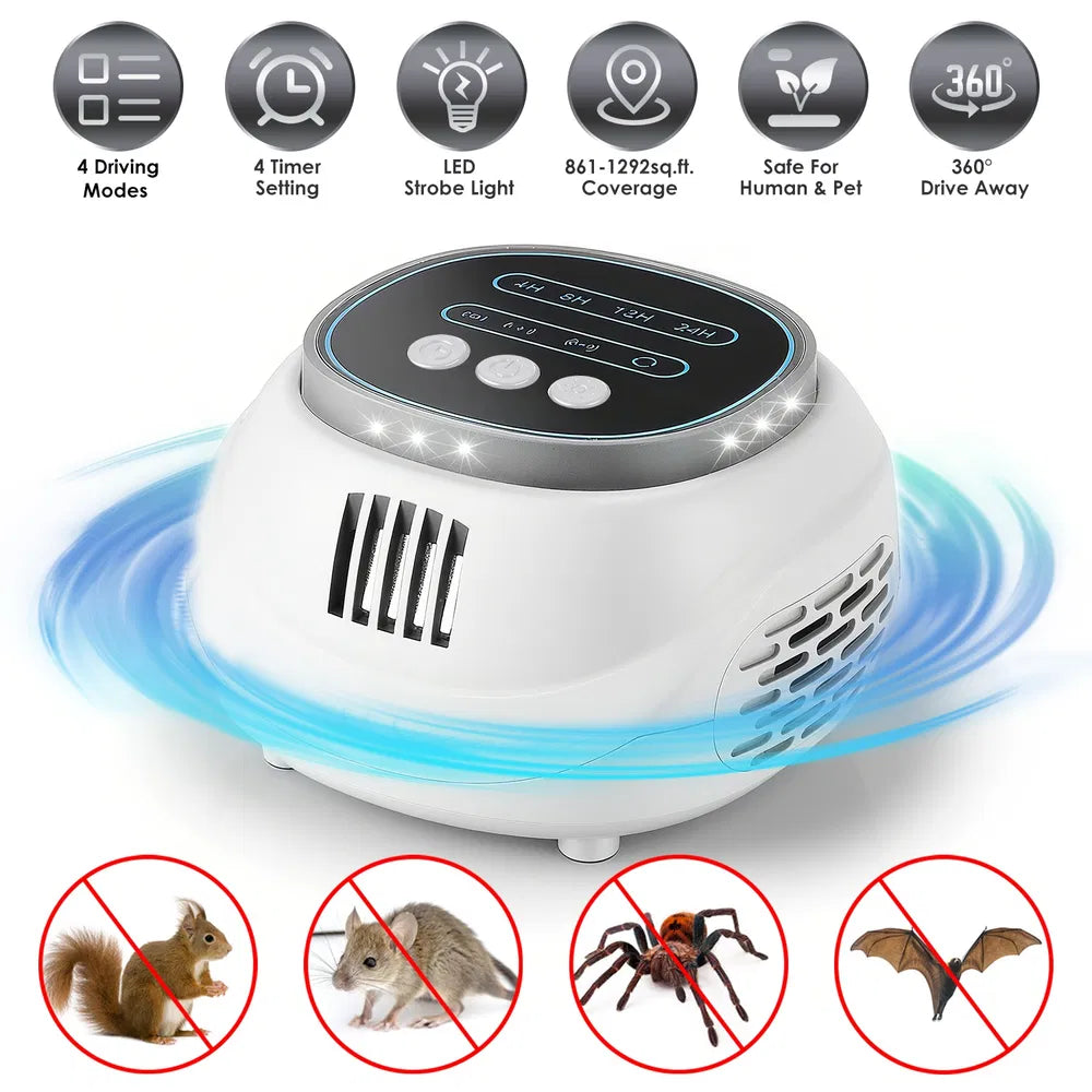 Ultrasonic Rodent Repellent with Strobe Light - 4 Modes, 1292 sq.ft Coverage