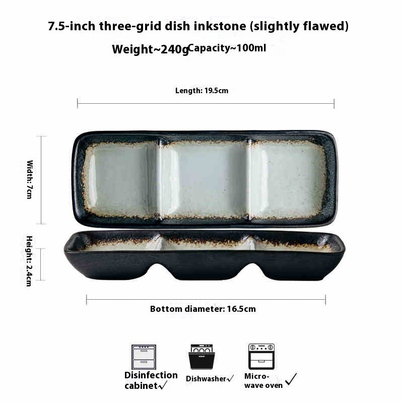 7.5-Inch Korean Ceramic Seasoning Dish with Three Grids - Retro Tableware