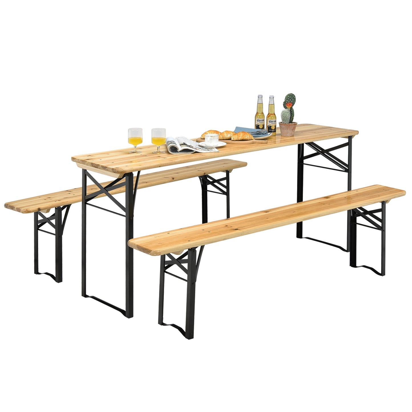 Folding Wooden Picnic Table and Bench Set - 3 Pieces
