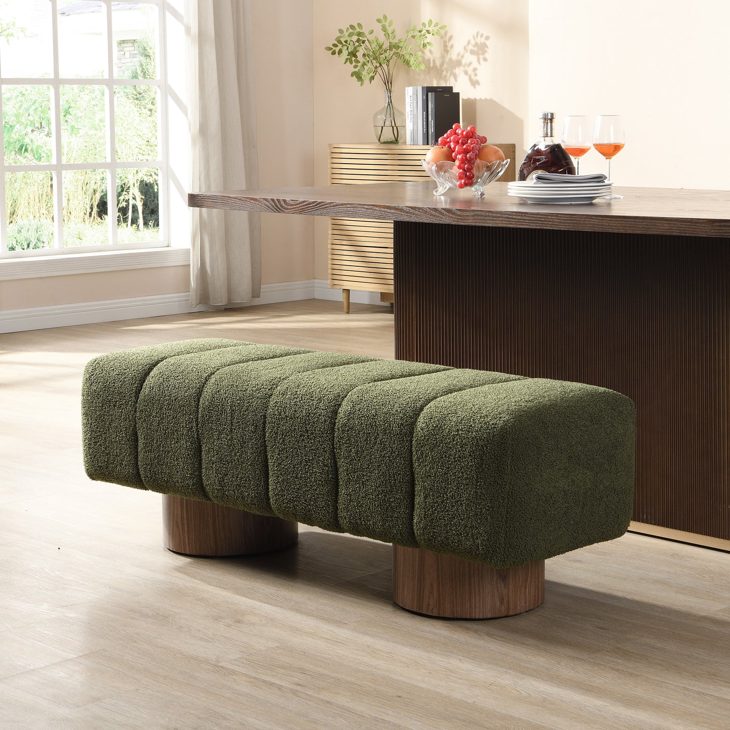 Upholstered Dining Bench - Green Boucle Fabric, No Assembly