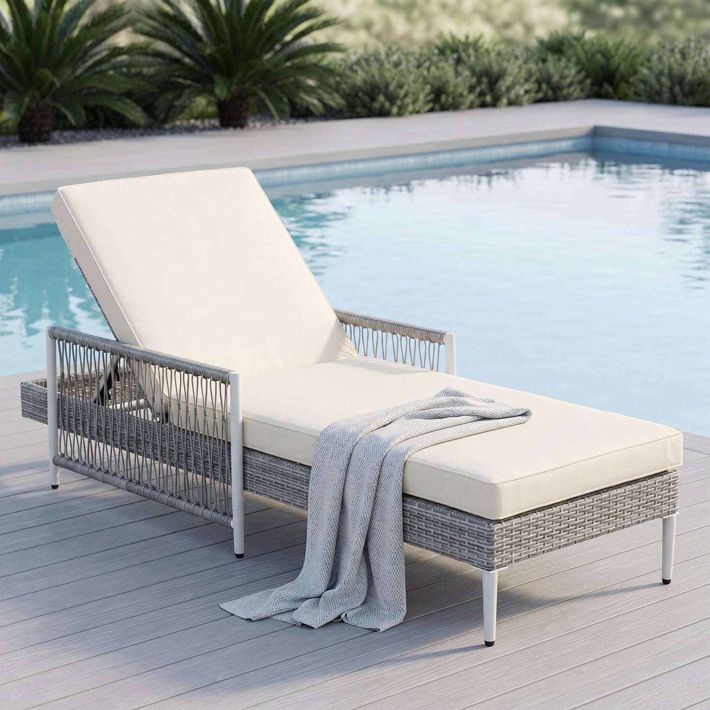 Outdoor PE Rattan Chaise Lounge Chair with Adjustable Recliner - Grey