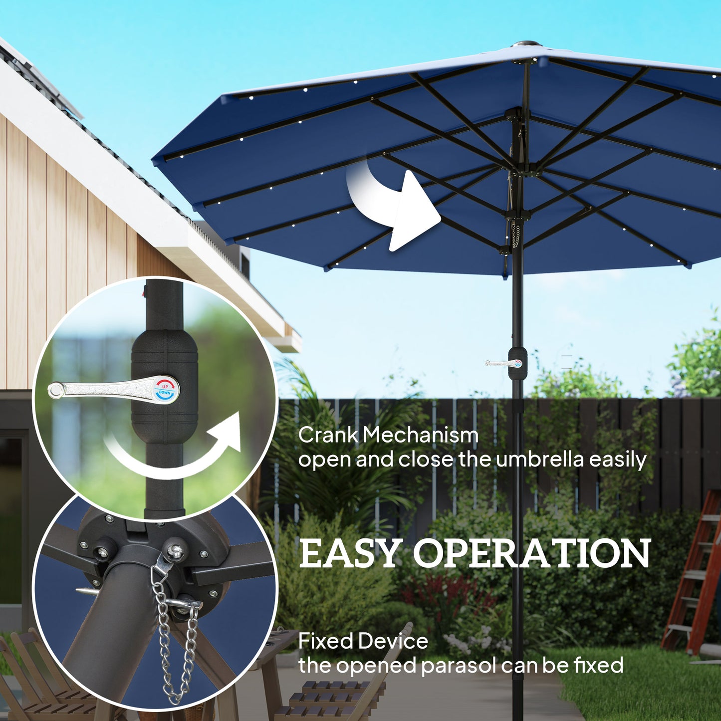 14.4ft Double-Sided Garden Parasol with Solar LED Lights - Navy Blue
