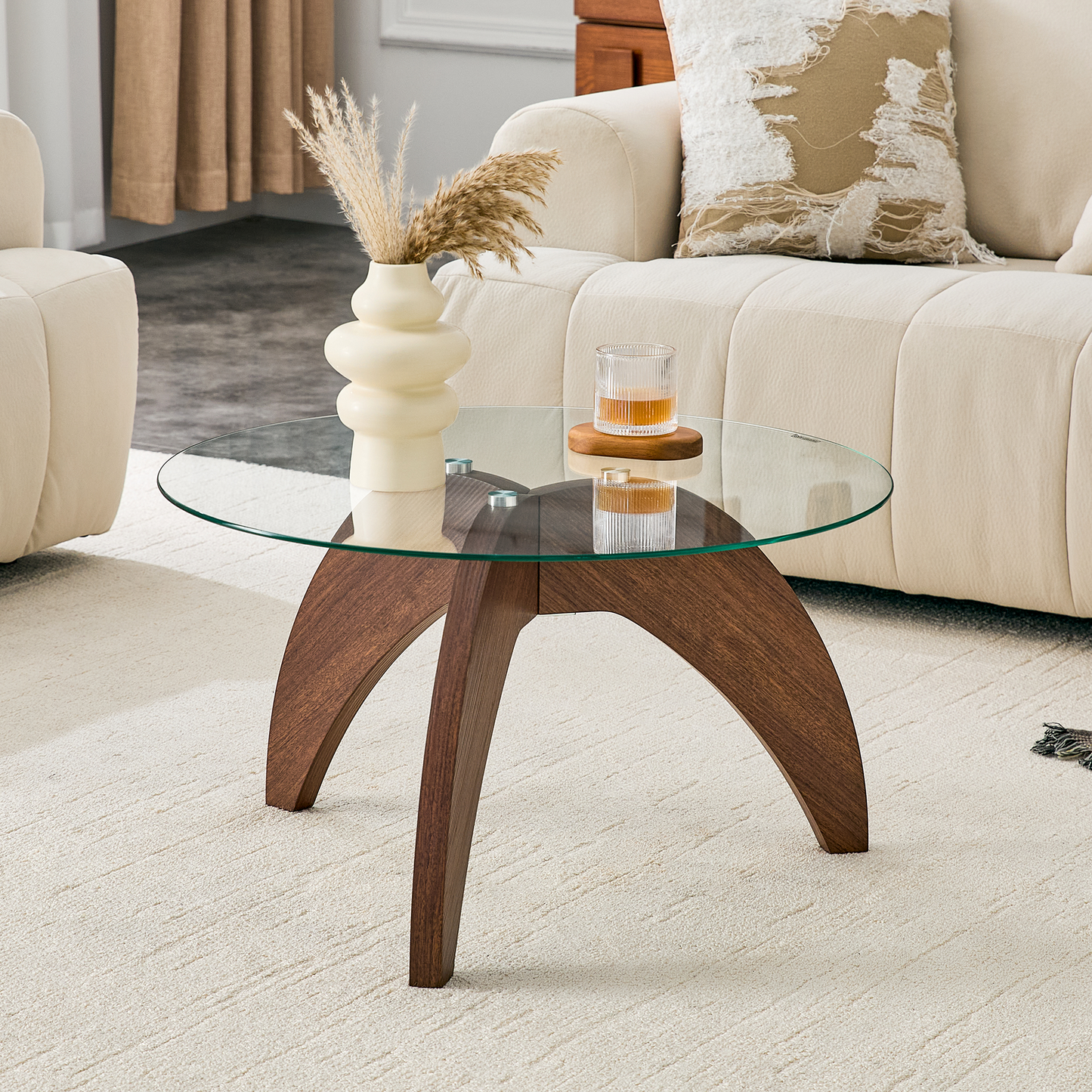 Round Coffee Table with Clear Glass Top and Walnut Legs - 27.5 Inch