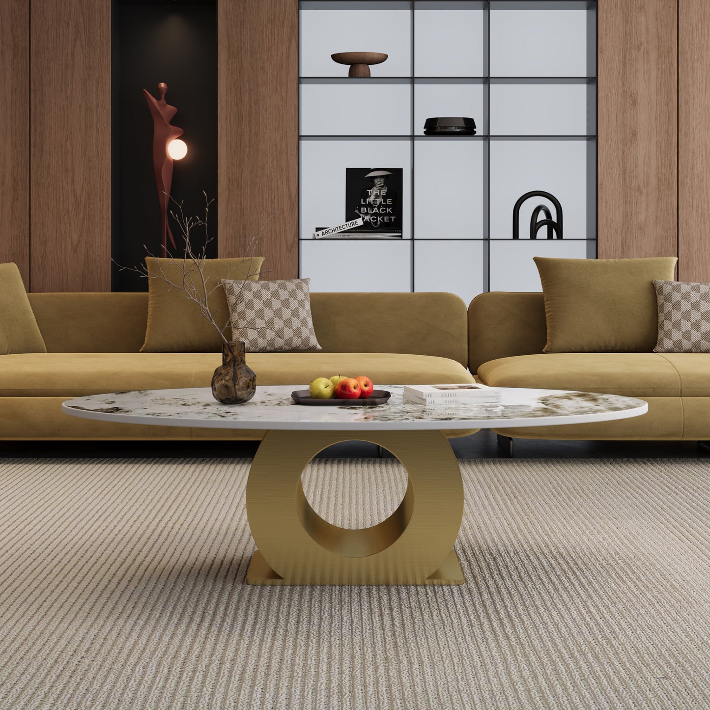 Modern 49.2" Oval Sintered Stone Coffee Table with Stainless Steel Base - Gold & White