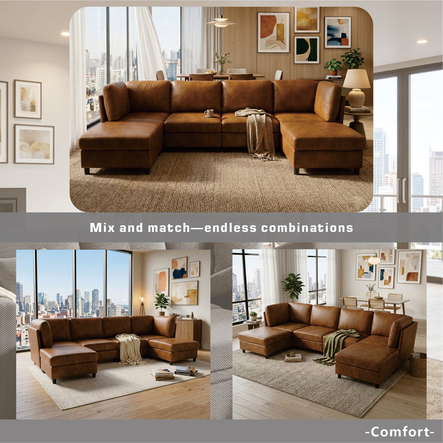 Modular Corner Sofa - Light Brown Fabric, 6 Seats, Modern Design