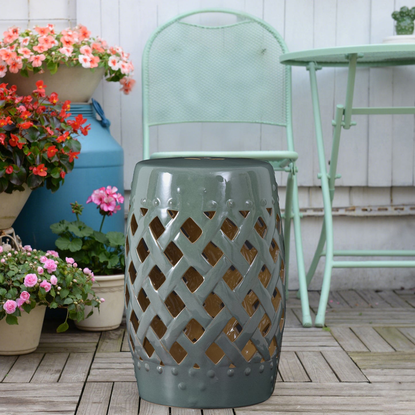 Ceramic Garden Stool - Woven Lattice Design, Green