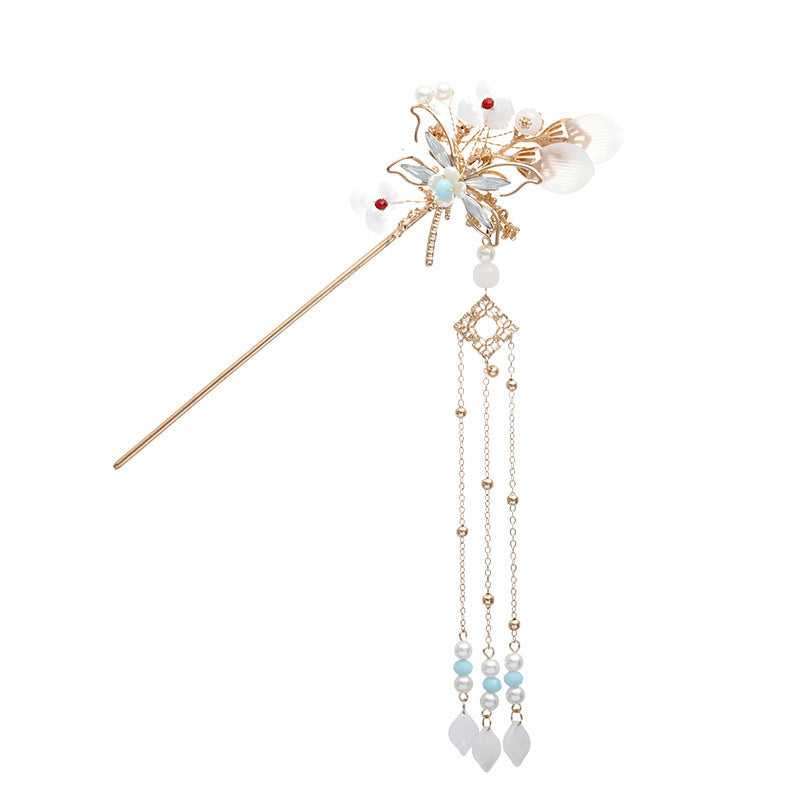 Vintage White Crystal Hairpin - Hanfu Style Hair Accessory