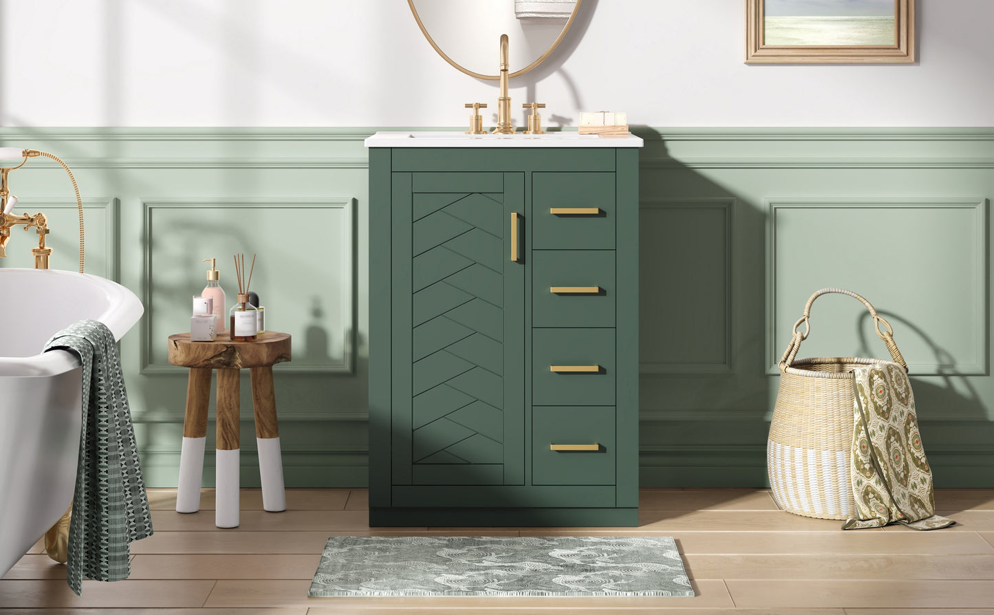 24" Green Bathroom Vanity with Integrated Ceramic Sink & 3 Drawers