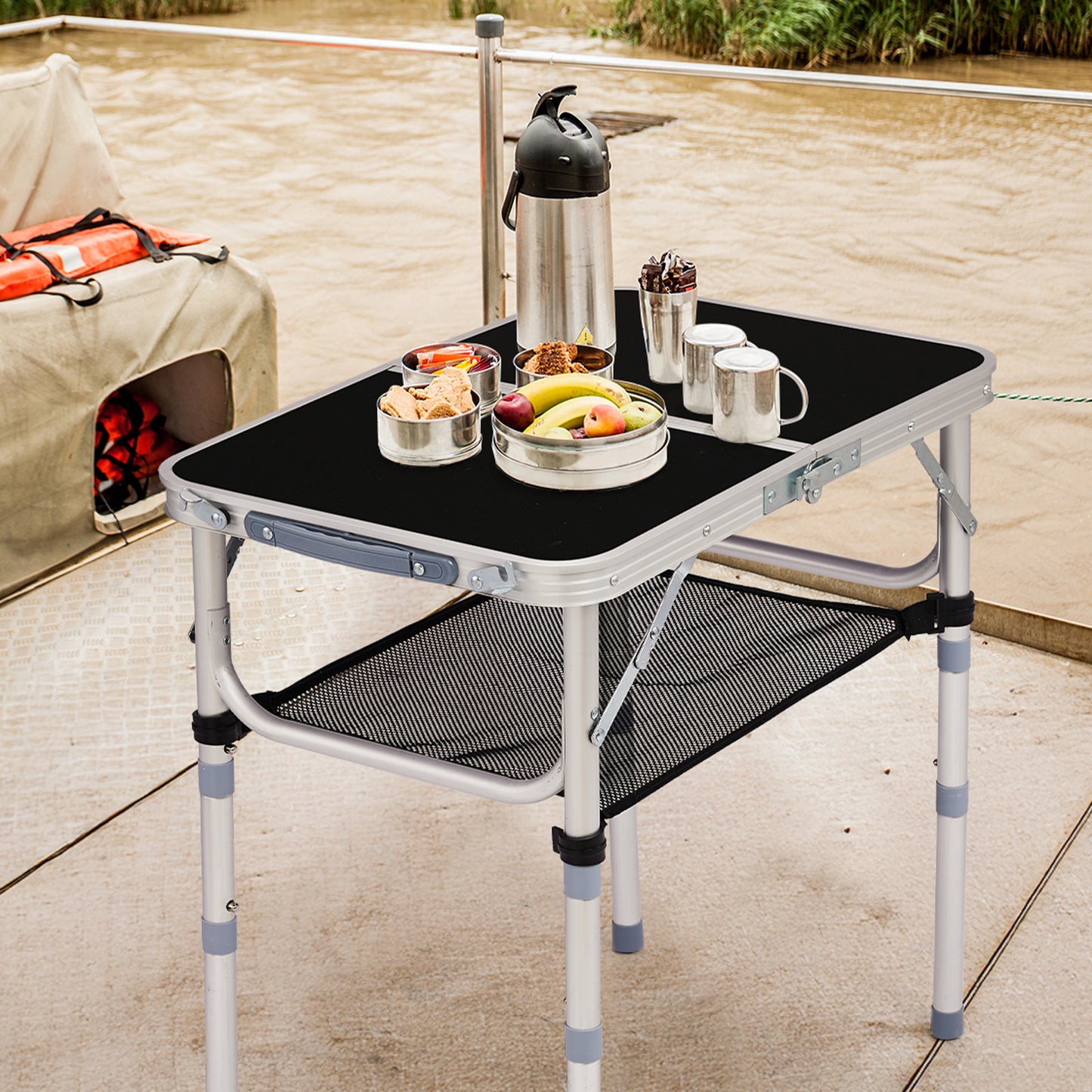 Adjustable Height Foldable Aluminum Outdoor Side Table - Black