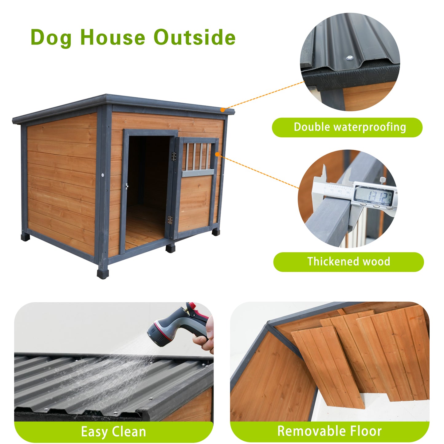 Large Solid Wood Dog House with Waterproof PVC Roof & Breathable Wooden Doors - Gray+Yellow