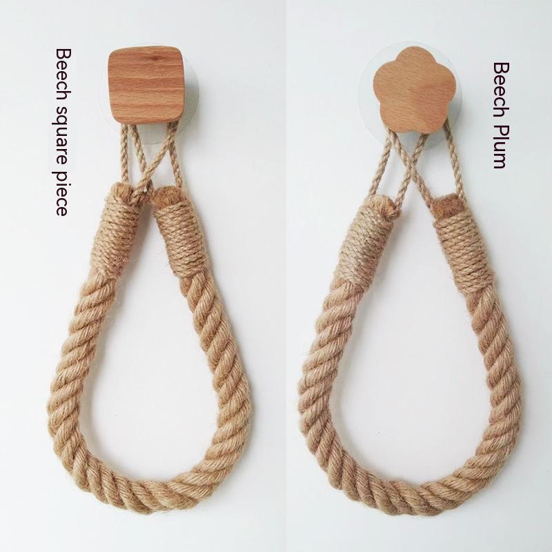 Hemp Rope Storage Towel Rack Solid Wood Wall Mount Home Organization