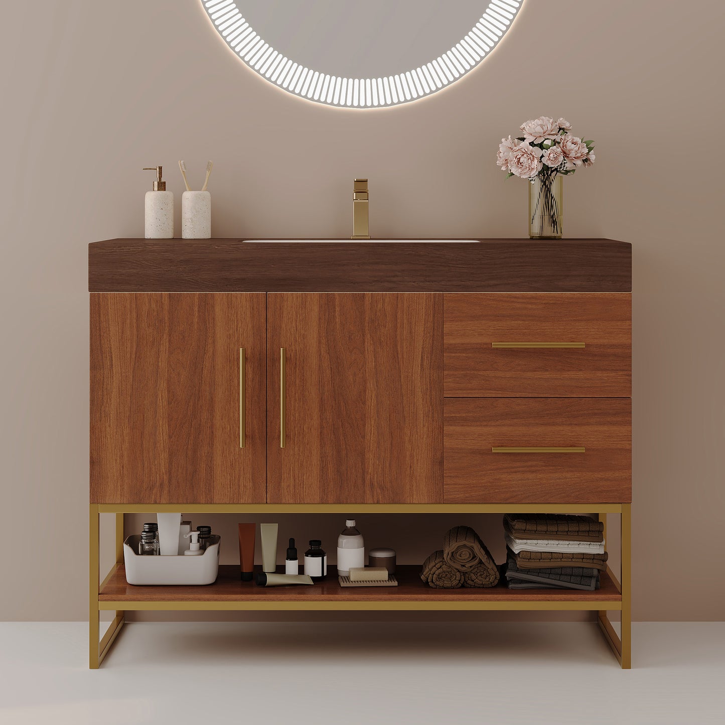 36" Modern Free-Standing Bathroom Vanity with Ceramic Sink & Stone Top - Gold, Walnut, White
