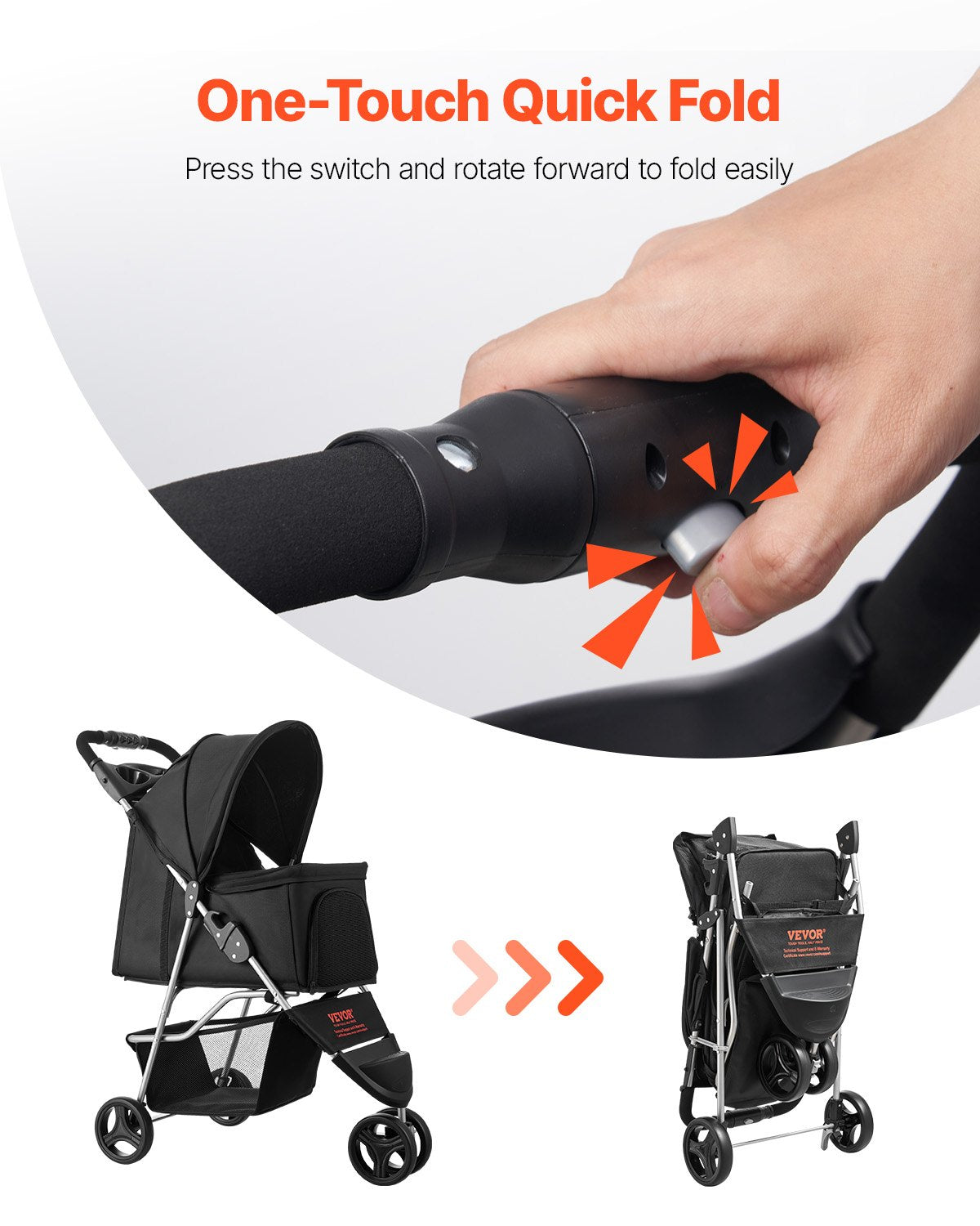 Foldable Pet Stroller with 3 Wheels for Small Dogs and Cats - Travel & Outdoor Use