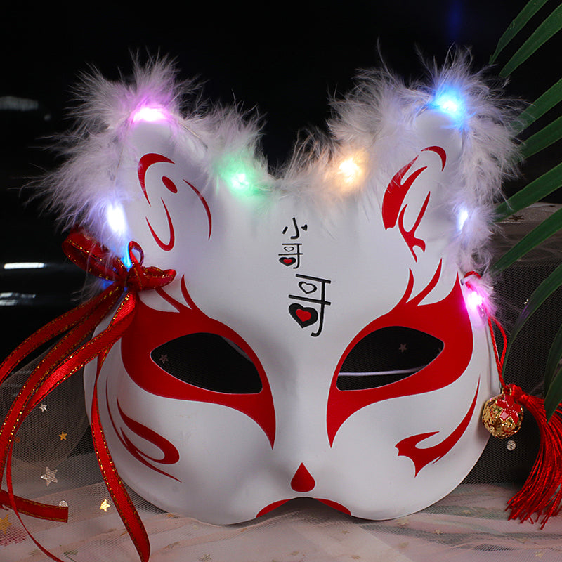 Halloween Party Luminous Feather Fox Mask Two-Faced Cat Face Mask