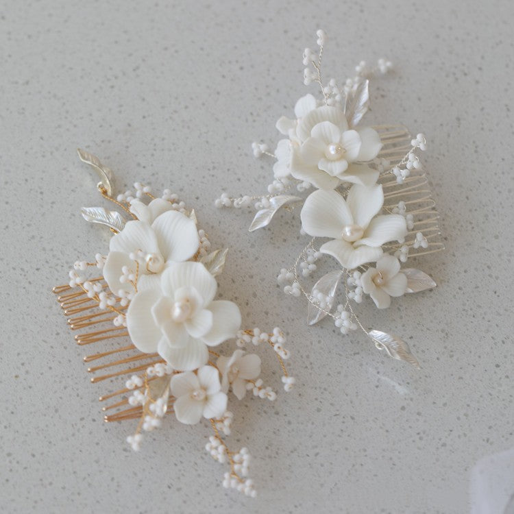 Ceramic Flower Hair Comb - Metal, Compact Design