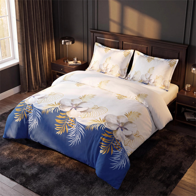 3-Piece Navy Blue & Gold Tropical Floral Duvet Cover Set