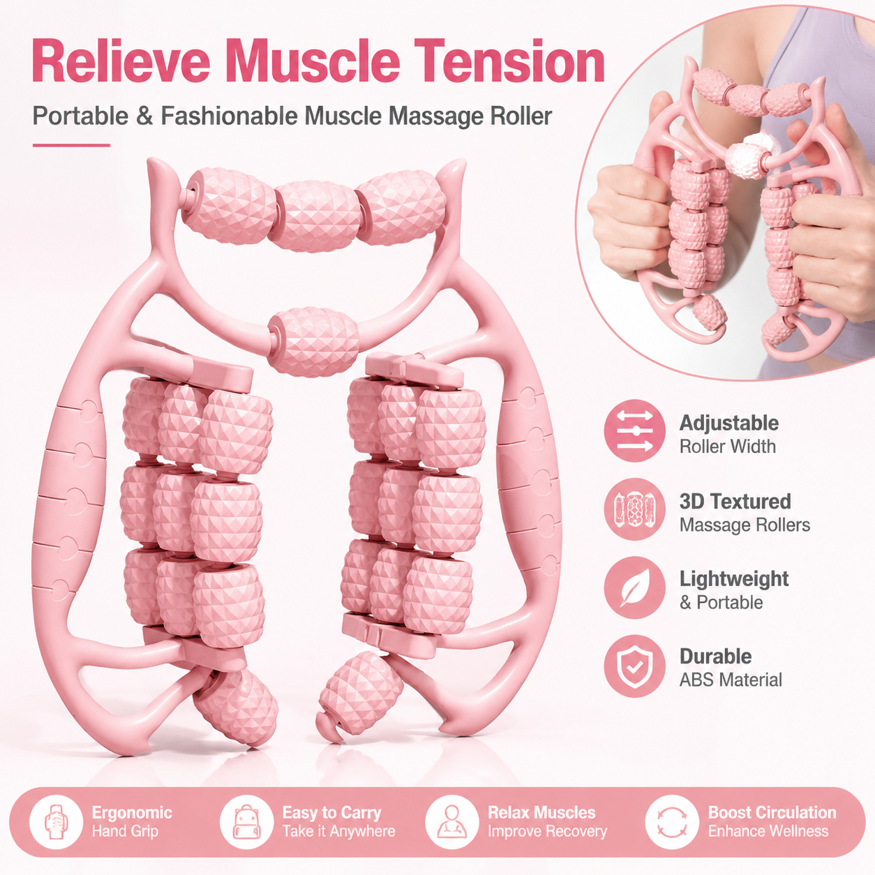 20-Roller Leg Massager for Deep Tissue Relief - Pink