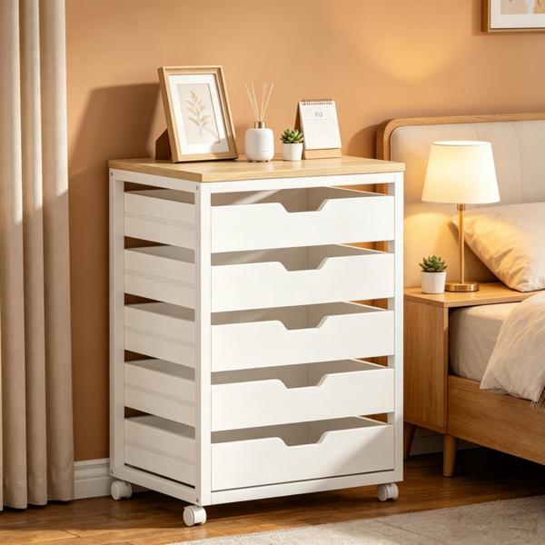 5-Drawer Storage Cabinet with Wheels - Rustic Industrial Design
