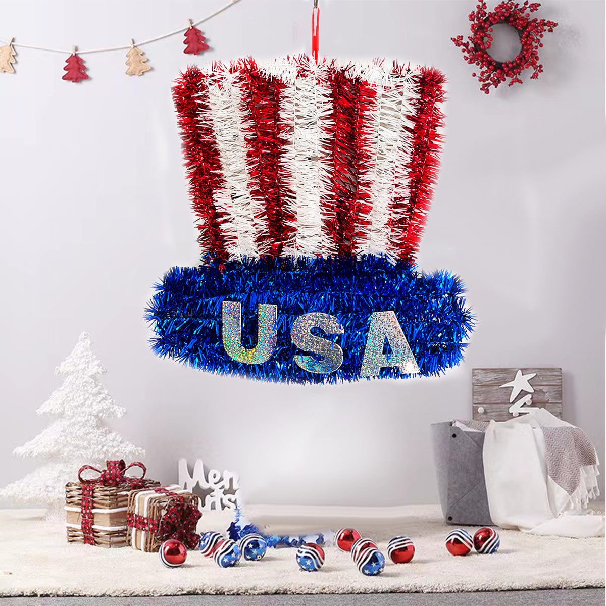 Red, White & Blue Wreath Wall Hanging Decoration for Door 28x24cm