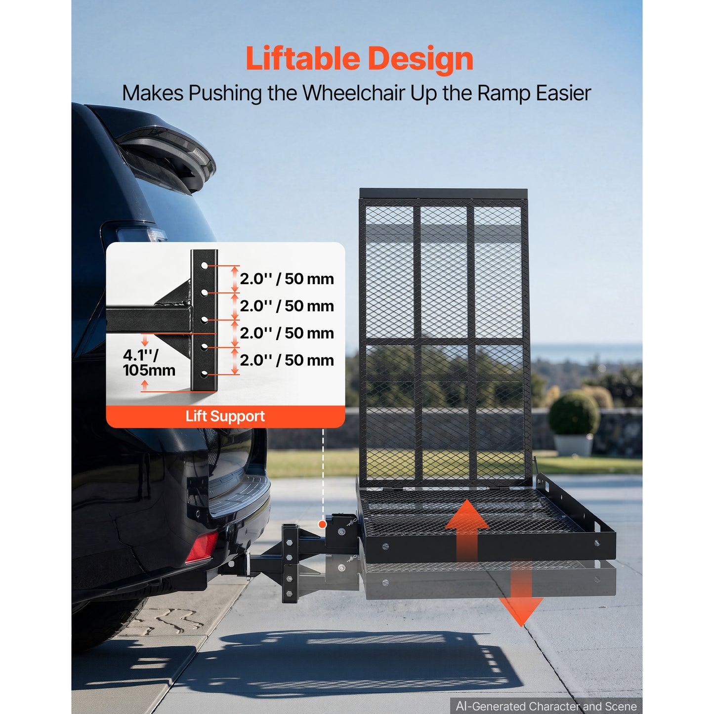 Hitch Mount Wheelchair Carrier with Folding Ramp - 500LBS Steel Cargo Basket for 2-Inch Hitch, Adjustable Height