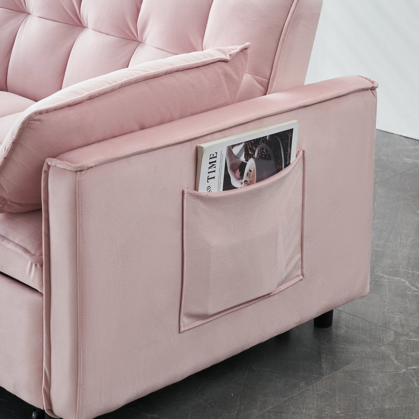 Convertible Velvet Sofa Bed - Small Love Seat with Pillow - Pink