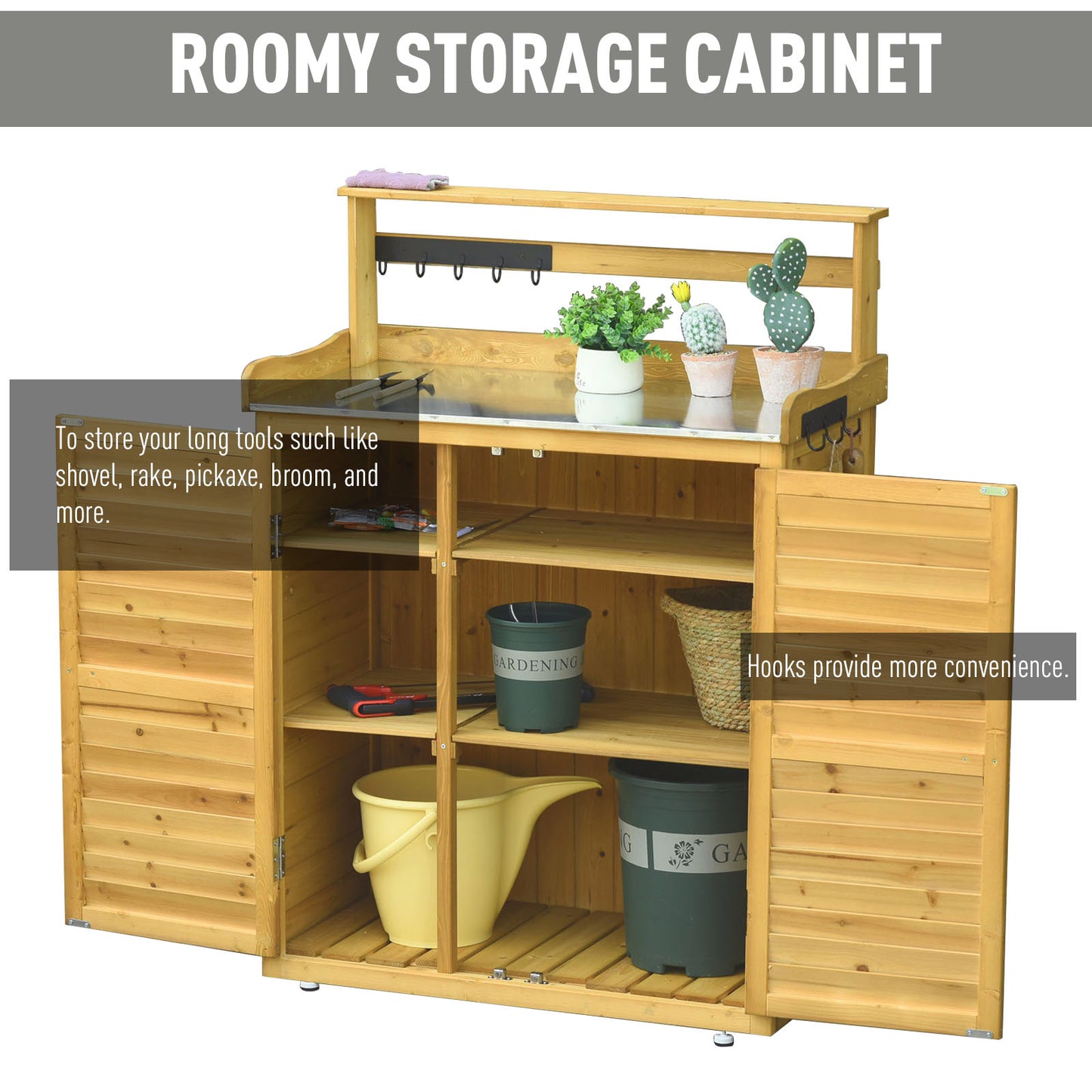 Outdoor Garden Tool Storage Shed with Potting Bench - Weatherproof Fir Wood, Yellow