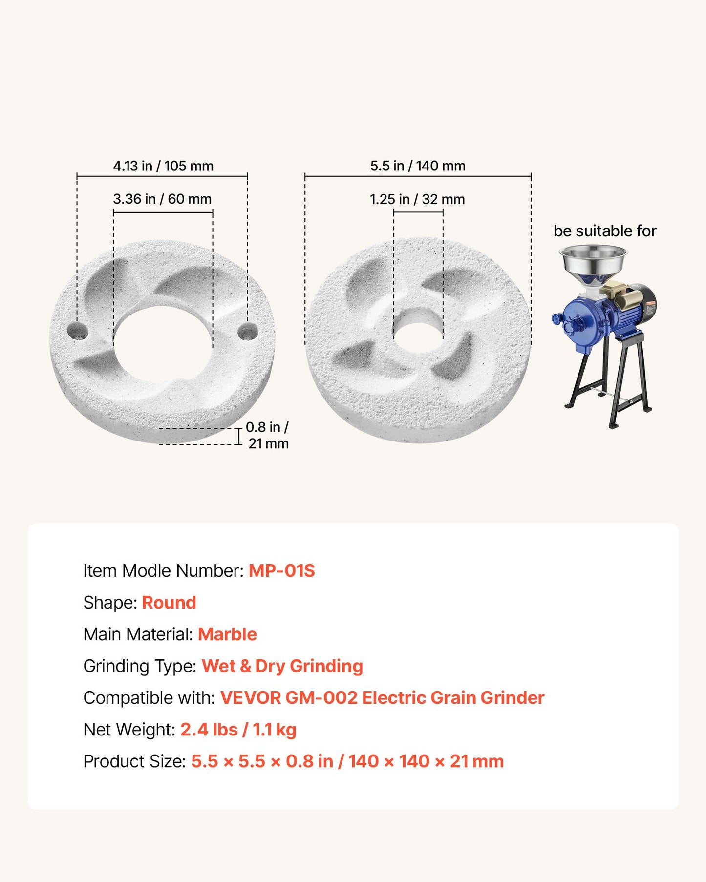 2PCS Marble Dry & Wet Grinding Discs for Electric Grain Mill - Compatible with GM-002
