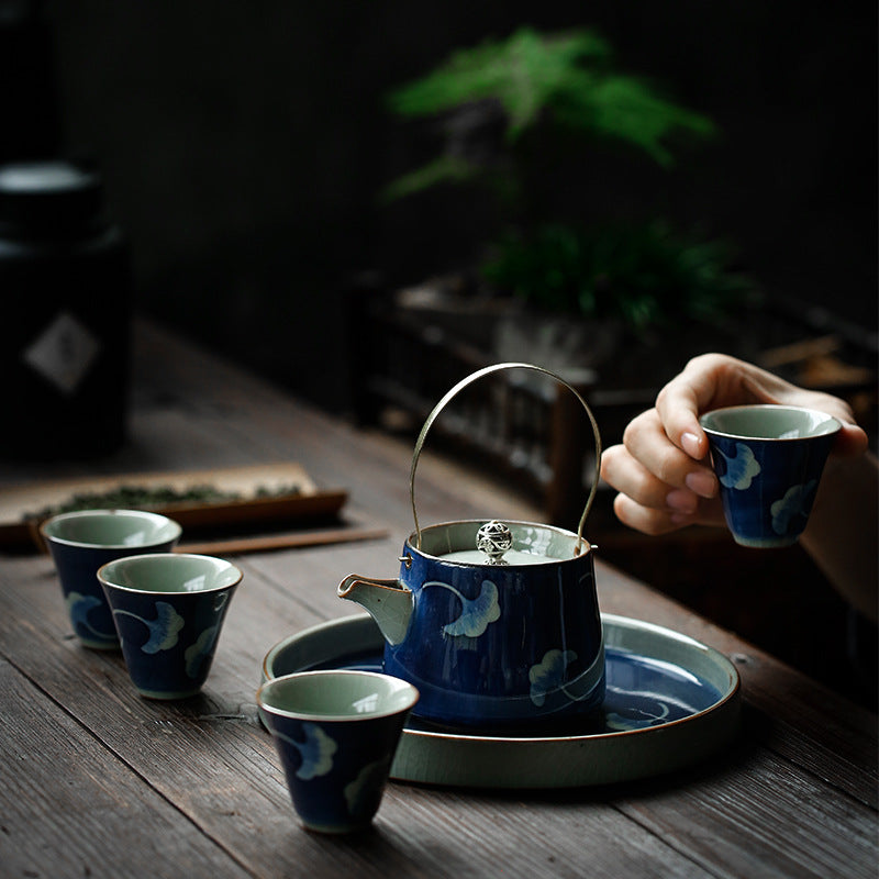 Antique Hand-Painted Ceramic Teapot & Tea Cup Set - Blue and White Kitchen Decor